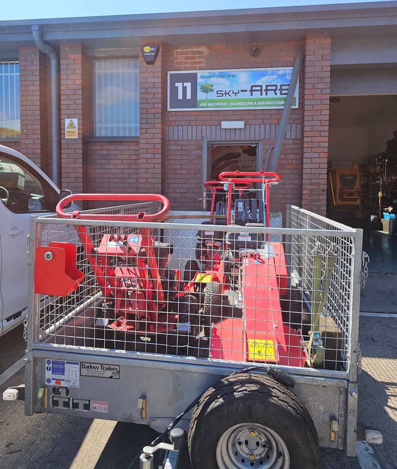 Unit 11, Dewar Court: the Sky-Arb workshop with a trailer of stump grinders outside